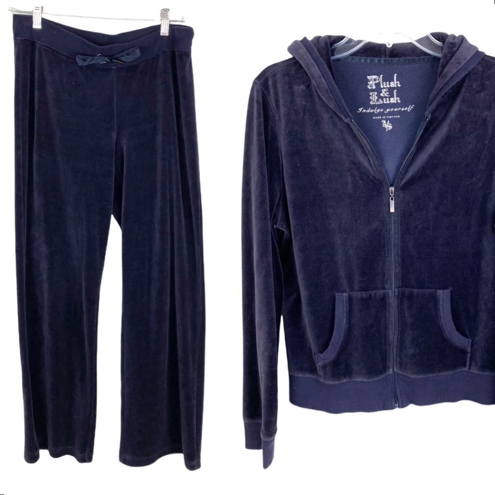 Vintage Y2K velour Track Suit stretch Velvet Low Rise Wide Leg pants hoodie XL